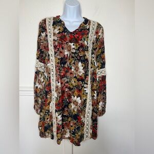 entro Navy Floral Scoop Neck Top with Red & Mustard Blooms Mini Dress size S